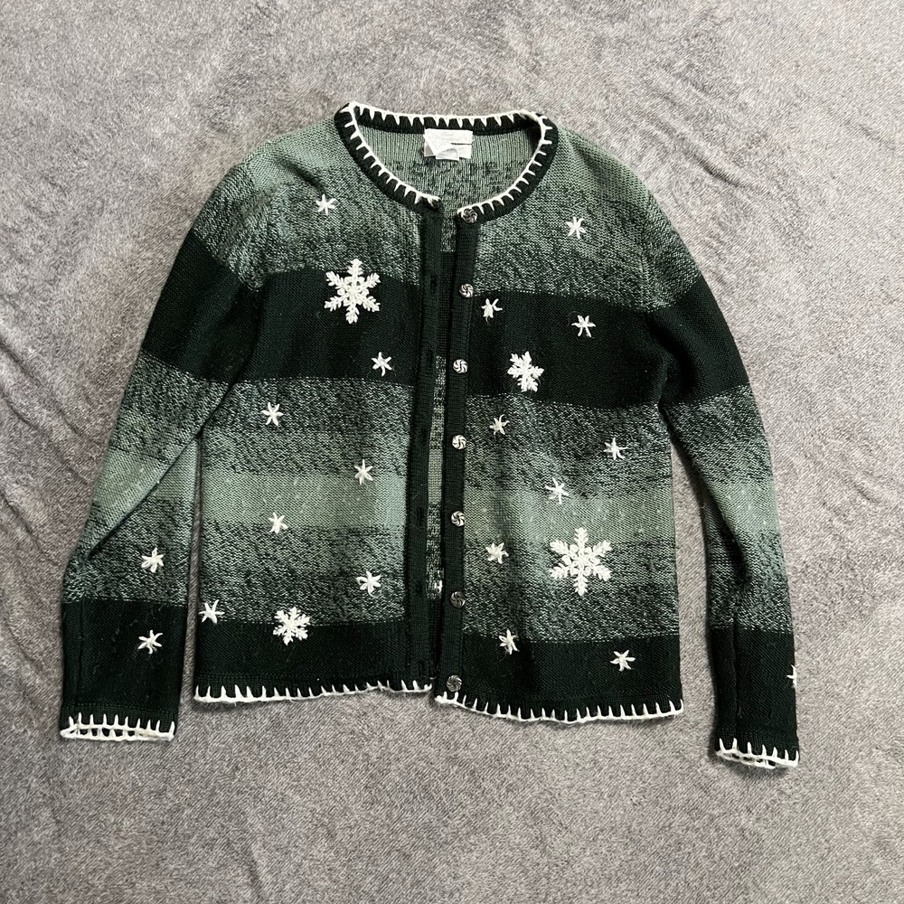 Vintage Christopher Banks Snowflake Cardigan Sweater M Hand Embroidered Green